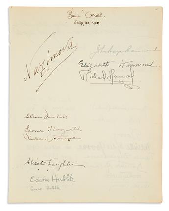(SCIENTISTS.) HUBBLE, EDWIN. Signature, on a leaf removed from a guest book kept by Natalie Hays Hammond at her Saint Briavel home in G